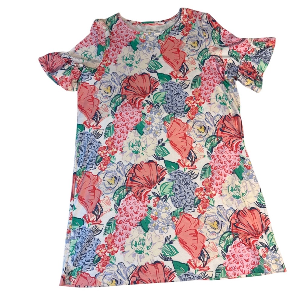 Kim Rogers Womens XL Floral Ruffle Sleeve Shift Dress Multicolor Crew Neck Knit